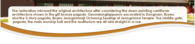  The restoration mirrored the original architecture after considering the down pointing cantilever architecture shown in the gilt bronze pagoda  Geumdongtappyeon excavated in Dongnam, Buyeo, and the 5-story pagoda, Buyeo Jeongnimsaji Ocheung Seoktap of Jeongnimsa Temple. The middle gate, pagoda, the main worship hall and the auditorium are all laid straight in a row. 